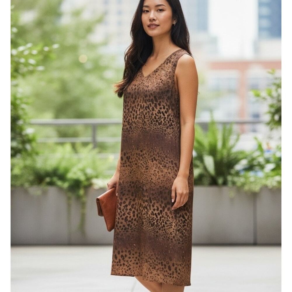 MAGGY LONDON Dress 100% Silk Y2K Cottage Core Boho Leopard Print Brown SZ 18